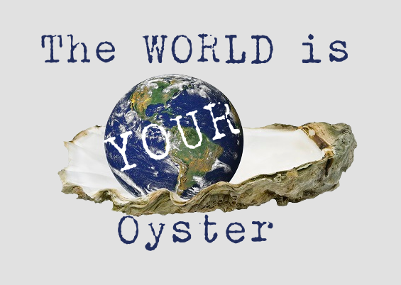The word in an oyster shell denoting that 'The world is your oyster' with all destinations being possible.