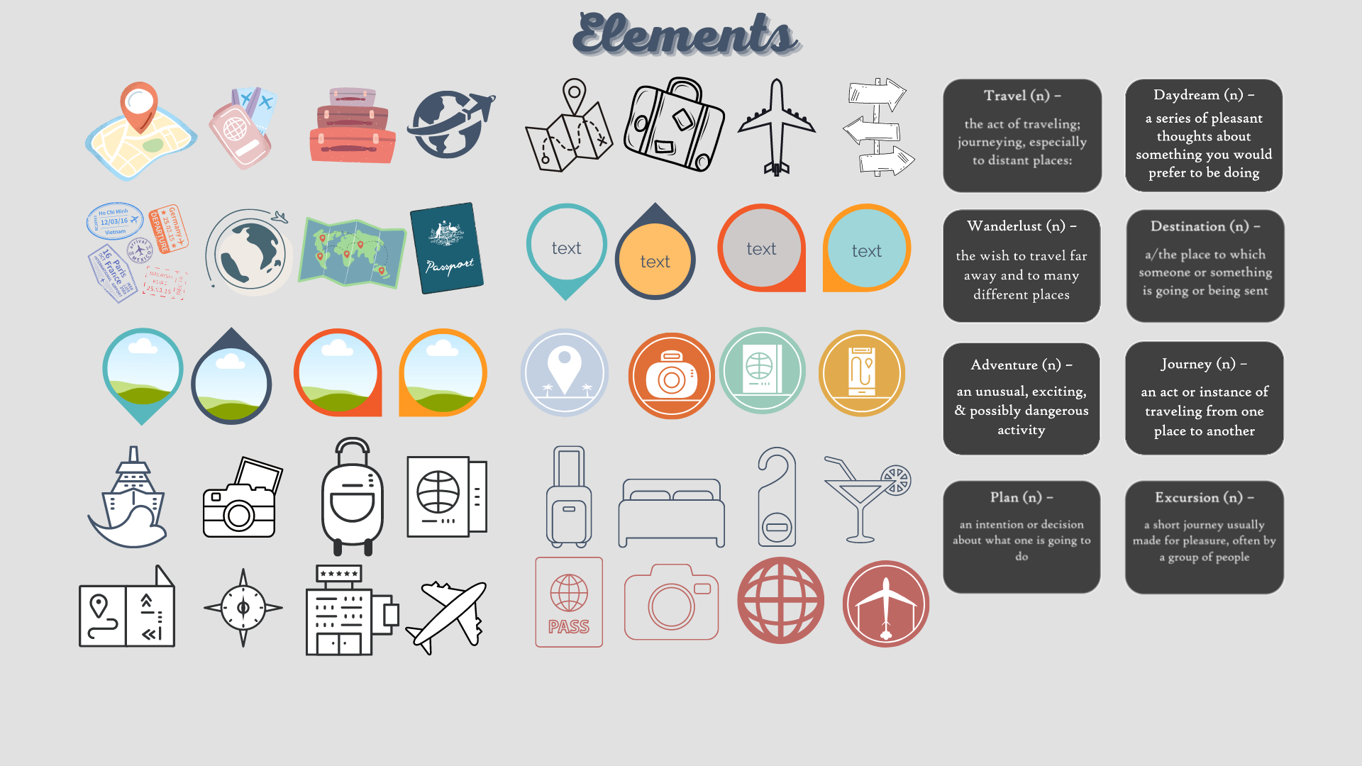 Visual representation of elements that can be used on a vision board related to travel