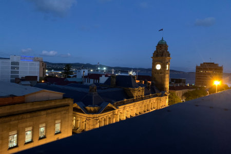 Hobart at night overlooking the clock