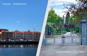 Feature Picture of the Hobart to Launceston Road Trip including Hobart waterfront and Launceston city park