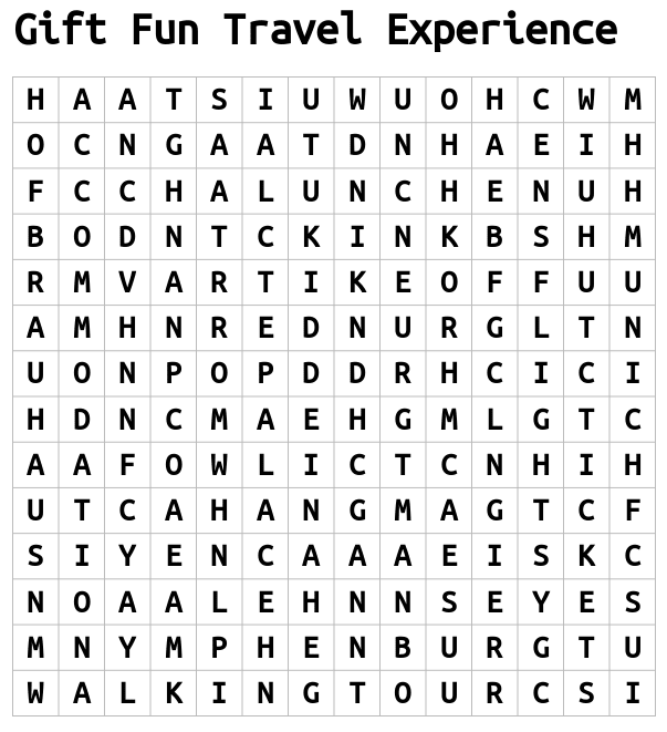 Picture representing a word search to gift fun travel experiences