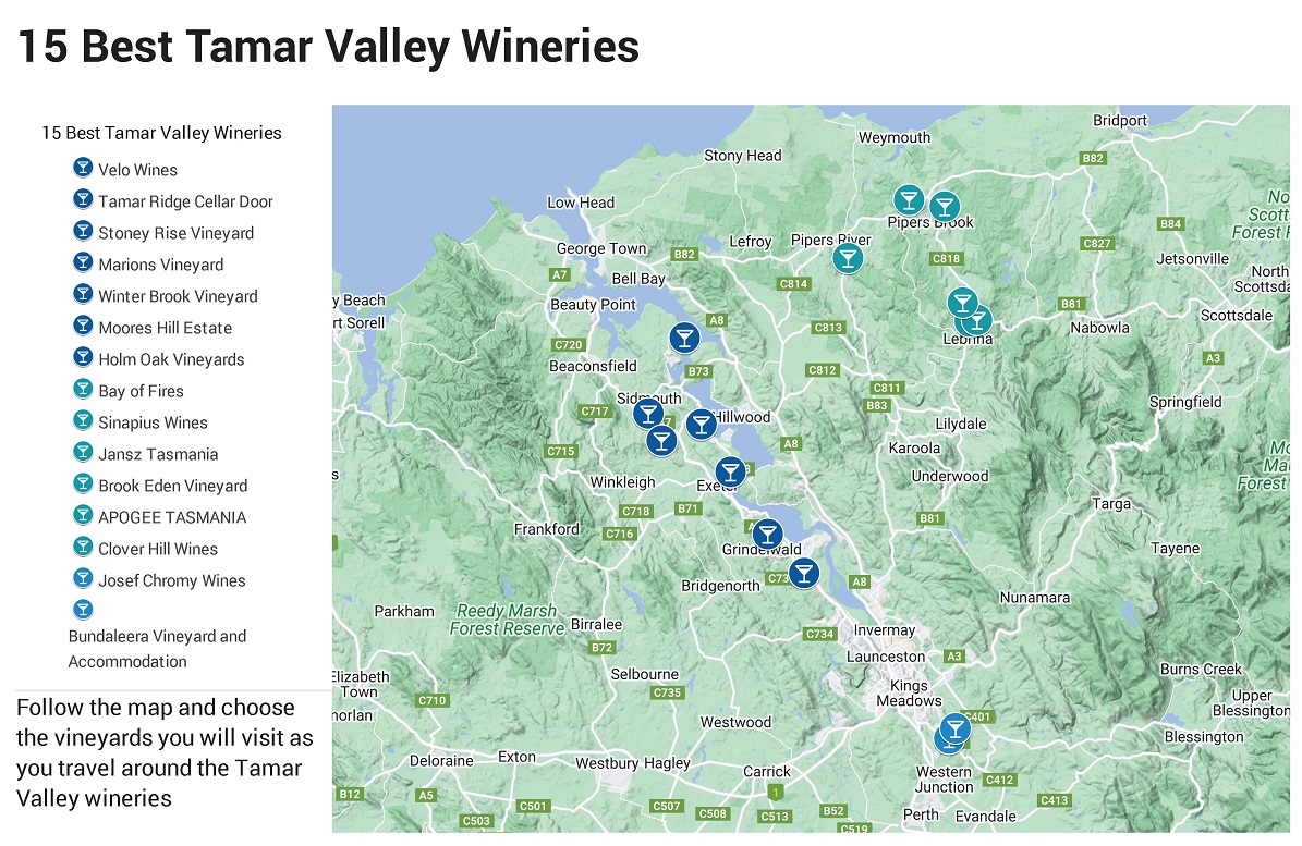 Image of map representing the 15 Best Tamar Valley wineries
