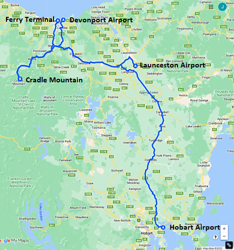 Image of routes to begin a 3-day itinerary for Cradle Mountain